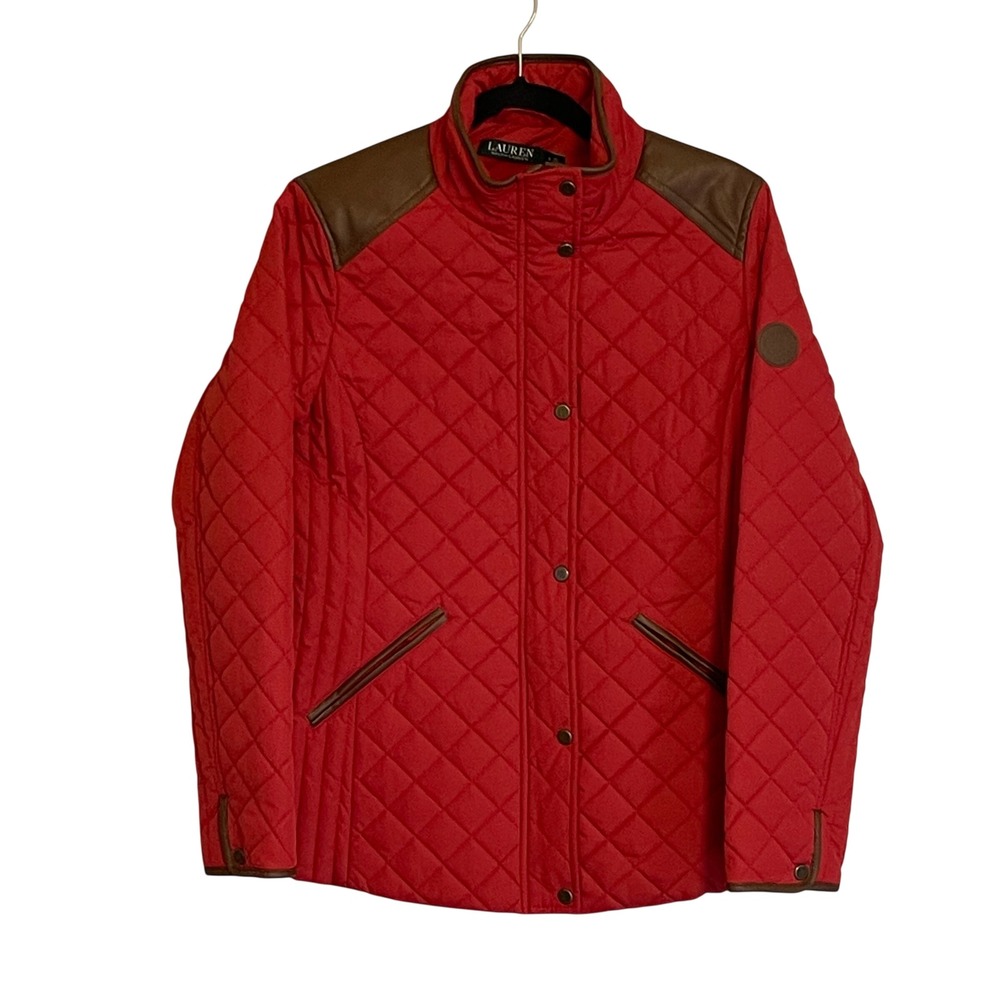Lauren‎ Ralph Lauren Red Quilted Barn Jacket Faux Leather Trim Small